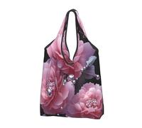 Mexpekil Foldable Shopping Bag Pink Chinese Rose Pearl Butterfly Reusable Waterproof Tote Bag for Daily Shopping