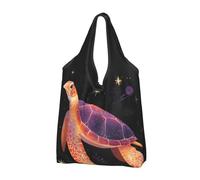 Mexpekil Foldable Shopping Bag Purple Gold Starry Sky Sea Turtle Reusable Waterproof Tote Bag for Daily Shopping