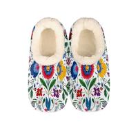 Mexpekil Folk Art Floral Women's & Men's Slippers with Fluffy Collar Winter Warm House Slippers Anti-Slip Indoor House Shoes Gifts for Mum Dad (Sizes UK 8-9)