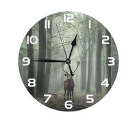 Mexpekil Forest Deer Misty Black Silent Wall Clock Non Ticking 25cm Round Wall Clocks Battery Operated Modern Decorative Clock for Living Room Kitchen Bedroom Office