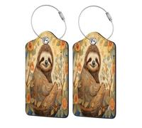 Mexpekil Funny Sloth Floral Luggage Tags for Suitcases, 4 Pcs Leather Travel Tags for Luggage with Steel Loop Waterproof Name Id Card, Men Women Kids Travel Gift