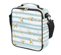 Mexpekil Golden Stars Light Blue Stripes Kids Lunch Bag Boys Girls, Square Thermal Insulated Lunch Box, Reusable Cooler Tote for School Picnic Travel
