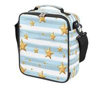 Mexpekil Golden Stars Light Blue Stripes Pattern Kids Lunch Bag Boys Girls, Square Thermal Insulated Lunch Box, Reusable Cooler Tote for School Picnic Travel