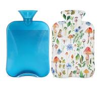 Mexpekil Green Leaves Mushroom Frog Hot Water Bottle with Cover, 2L PVC Hot Water Bag for Pain Relief, Feet, Back, Warmth