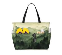 Mexpekil Green Mountain Scenery Large Beach Bags for Women Men Waterproof Sandproof Beach Tote Bag with Zip and Pockets Foldable Summer Holiday Handbags for Travel Pool Seaside