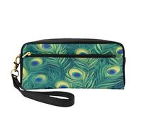 Mexpekil Green Peacock Feather Pencil Case Travel Makeup Pouch Pen Bag Holder Purse Leather Cosmetic Makeup Brush Bag Stationery Box for Kids Girls Boy School Office Supplies