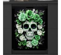 Mexpekil Green Roses Skull Head Dishwasher Magnet Cover | 23x26inch Reusable Dish Washer Covers Decorative Dishwasher Front Panel Magnetic Cover Sticker for Kitchen Appliances