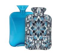 Mexpekil Grey Blue Mandala Flower Tile Pattern Hot Water Bottle with Cover, 2L PVC Hot Water Bag for Pain Relief, Feet, Back, Warmth