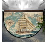 Mexpekil Half Round Door Mat, Nautical Map With Clipper Ship Compass Non-Slip Semi Circle Area Rug for Front Door Hallways Entrance, Washable Indoor Outdoor Doormat
