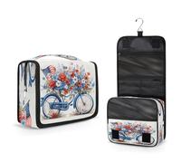 Mexpekil Hanging Toiletry Bag for Women Men Kids American Independence Day Bike Floral Travel Makeup Bag Waterproof Large Portable Cosmetic Organiser with Hook and 4 Compartments