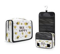 Mexpekil Hanging Toiletry Bag for Women Men Kids Cute Bee Happy Quote Travel Makeup Bag Waterproof Large Portable Cosmetic Organiser with Hook and 4 Compartments