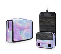 Mexpekil Hanging Toiletry Bag for Women Men Kids Pink Purple Mermaid Glitter Tail Travel Makeup Bag Waterproof Large Portable Cosmetic Organiser with Hook and 4 Compartments