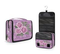 Mexpekil Hanging Toiletry Bag for Women Men Kids Purple Roses Lace Pattern Travel Makeup Bag Waterproof Large Portable Cosmetic Organiser with Hook and 4 Compartments