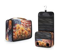 Mexpekil Hanging Toiletry Bag for Women Men Kids USA Flag Flowers Painting Travel Makeup Bag Waterproof Large Portable Cosmetic Organiser with Hook and 4 Compartments