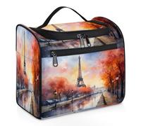 Mexpekil Hanging Travel Toiletry Bag with 11 Compartments, Autumn Eiffel Tower Watercolor Painting Water-resistant Makeup Cosmetic Bag Travel Organizer for Accessories Shampoo Full-size Container Toil