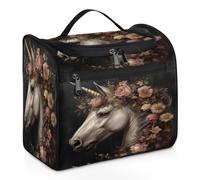 Mexpekil Hanging Travel Toiletry Bag with 11 Compartments, Beautiful Unicorn with Garland of Flowers Water-resistant Makeup Cosmetic Bag Travel Organizer for Accessories Shampoo Full-size Container To