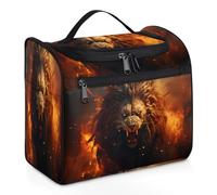 Mexpekil Hanging Travel Toiletry Bag with 11 Compartments, Big Lion Roaring in the Firelight Water-resistant Makeup Cosmetic Bag Travel Organizer for Accessories Shampoo Full-size Container Toiletries
