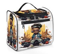 Mexpekil Hanging Travel Toiletry Bag with 11 Compartments, Boy Sitting and Listening to Music with Radio Water-resistant Makeup Cosmetic Bag Travel Organizer for Accessories Shampoo Full-size Containe