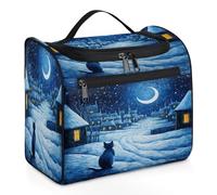 Mexpekil Hanging Travel Toiletry Bag with 11 Compartments, Cat in Winter Moonlight Village Water-Resistant Makeup Cosmetic Bag Travel Organizer for Accessories Shampoo Full-Size Container Toiletries