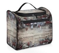 Mexpekil Hanging Travel Toiletry Bag with 11 Compartments, Christmas Holly Wood Grain Snowflakes Fir Water-resistant Makeup Cosmetic Bag Travel Organizer for Accessories Shampoo Full-size Container To