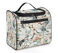 Mexpekil Hanging Travel Toiletry Bag with 11 Compartments, Cranes Saffron and Green Leaves Chinese Style Embroidery Water-resistant Makeup Cosmetic Bag Travel Organizer for Accessories Shampoo Full-si