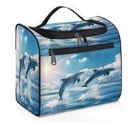 Mexpekil Hanging Travel Toiletry Bag with 11 Compartments, Dolphins Soaring above Sea Level Animal Water-resistant Makeup Cosmetic Bag Travel Organizer for Accessories Shampoo Full-size Container Toil