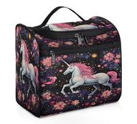 Mexpekil Hanging Travel Toiletry Bag with 11 Compartments, Fantasy Pink Purple Unicorn Flower Water-resistant Makeup Cosmetic Bag Travel Organizer for Accessories Shampoo Full-size Container Toiletrie