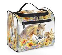 Mexpekil Hanging Travel Toiletry Bag with 11 Compartments, Horses Sunflowers Flowers Water-Resistant Makeup Cosmetic Bag Travel Organizer for Accessories Shampoo Full-Size Container Toiletries