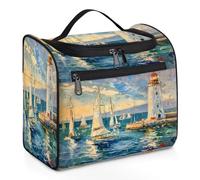 Mexpekil Hanging Travel Toiletry Bag with 11 Compartments, Lighthouse Sailboat Sea Oil Painting Water-resistant Makeup Cosmetic Bag Travel Organizer for Accessories Shampoo Full-size Container Toiletr