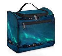 Mexpekil Hanging Travel Toiletry Bag with 11 Compartments, Mysterious Aurora Village Water-Resistant Makeup Cosmetic Bag Travel Organizer for Accessories Shampoo Full-Size Container Toiletries