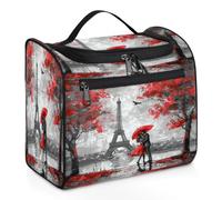 Mexpekil Hanging Travel Toiletry Bag with 11 Compartments, Red Lovers under Paris Eiffel Tower Water-resistant Makeup Cosmetic Bag Travel Organizer for Accessories Shampoo Full-size Container Toiletri