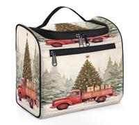 Mexpekil Hanging Travel Toiletry Bag with 11 Compartments, Red Truck Christmas Gift Christmas Tree Water-resistant Makeup Cosmetic Bag Travel Organizer for Accessories Shampoo Full-size Container Toil