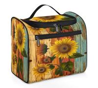 Mexpekil Hanging Travel Toiletry Bag with 11 Compartments, Sunflowers Colored Wooden Board Stripes Water-resistant Makeup Cosmetic Bag Travel Organizer for Accessories Shampoo Full-size Container Toil