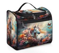 Mexpekil Hanging Travel Toiletry Bag with 11 Compartments, Unicorn in Flowers Oil Painting Water-Resistant Makeup Cosmetic Bag Travel Organizer for Accessories Shampoo Full-Size Container Toiletries