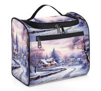 Mexpekil Hanging Travel Toiletry Bag with 11 Compartments, Winter Snow Village Village Water-Resistant Makeup Cosmetic Bag Travel Organizer for Accessories Shampoo Full-Size Container Toiletries