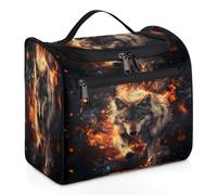 Mexpekil Hanging Travel Toiletry Bag with 11 Compartments, Wolves Coming from the Firelight Animal Theme Water-resistant Makeup Cosmetic Bag Travel Organizer for Accessories Shampoo Full-size Containe