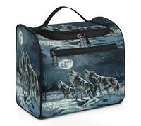 Mexpekil Hanging Travel Toiletry Bag with 11 Compartments, Wolves Howling in the Snow Animal Theme Water-resistant Makeup Cosmetic Bag Travel Organizer for Accessories Shampoo Full-size Container Toil
