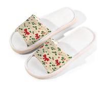Mexpekil Holly Leaves Red Bows Linen Slippers for Women Men Non-Slip House Shoes Open Toe Summer Sliders Slip on Indoor Outdoor Slipper (4.5-5.5)