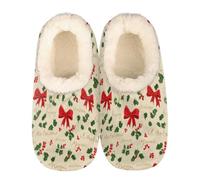 Mexpekil Holly Leaves Red Bows Women's & Men's Slippers with Fluffy Collar Winter Warm House Slippers Anti-Slip Indoor House Shoes Gifts for Mum Dad (Sizes UK 10-11)