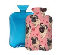 Mexpekil Hot Water Bottle with Soft Flannel Cover 2L Large Hot Water Bag for Pain Relief, Warm Hands, Feet & Body Ideal Gifts for Adults Kids (Pugs Hearts)