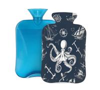 Mexpekil Hot Water Bottle with Soft Flannel Cover 2L Large Hot Water Bag for Pain Relief, Warm Hands, Feet & Body Ideal Gifts for Adults Kids (Ocean Ship Octopus)