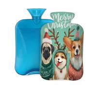 Mexpekil Hot Water Bottle with Soft Flannel Cover 2L Large Hot Water Bag for Pain Relief, Warm Hands, Feet & Body Ideal Gifts for Adults Kids (Merry Christmas Three Dogs)
