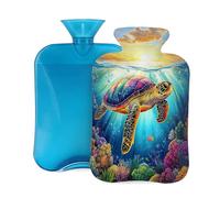 Mexpekil Hot Water Bottle with Soft Flannel Cover 2L Large Hot Water Bag for Pain Relief, Warm Hands, Feet & Body Ideal Gifts for Adults Kids (Colorful Turtle Ocean)