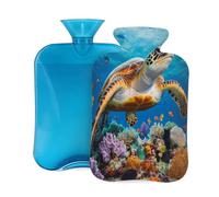 Mexpekil Hot Water Bottle with Soft Flannel Cover 2L Large Hot Water Bag for Pain Relief, Warm Hands, Feet & Body Ideal Gifts for Adults Kids (Ocean Turtle Coral)