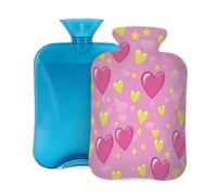 Mexpekil Hot Water Bottle with Soft Flannel Cover 2L Large Hot Water Bag for Pain Relief, Warm Hands, Feet & Body Ideal Gifts for Adults Kids (Pink Hearts Yellow Star)