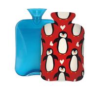 Mexpekil Hot Water Bottle with Soft Flannel Cover 2L Large Hot Water Bag for Pain Relief, Warm Hands, Feet & Body Ideal Gifts for Adults Kids (Penguins Hearts)