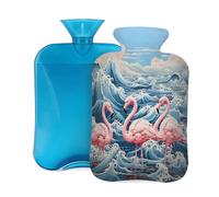 Mexpekil Hot Water Bottle with Soft Flannel Cover 2L Large Hot Water Bag for Pain Relief, Warm Hands, Feet & Body Ideal Gifts for Adults Kids (Flamingo Wave)