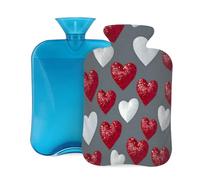 Mexpekil Hot Water Bottle with Soft Flannel Cover 2L Large Hot Water Bag for Pain Relief, Warm Hands, Feet & Body Ideal Gifts for Adults Kids (Glittery Red White Hearts)