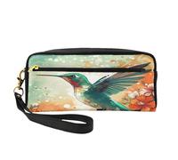 Mexpekil Hummingbird Flowers Pencil Case Green Bird Travel Makeup Pouch Pen Bag Holder Purse Leather Cosmetic Makeup Brush Bag Stationery Box for Kids Girls Boy School Office Supplies