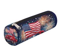 Mexpekil Independence Day Red Truck Flag Pencil Case for Girls Boys Stationery Pouch Organiser Small School Supply Bag for Students Office